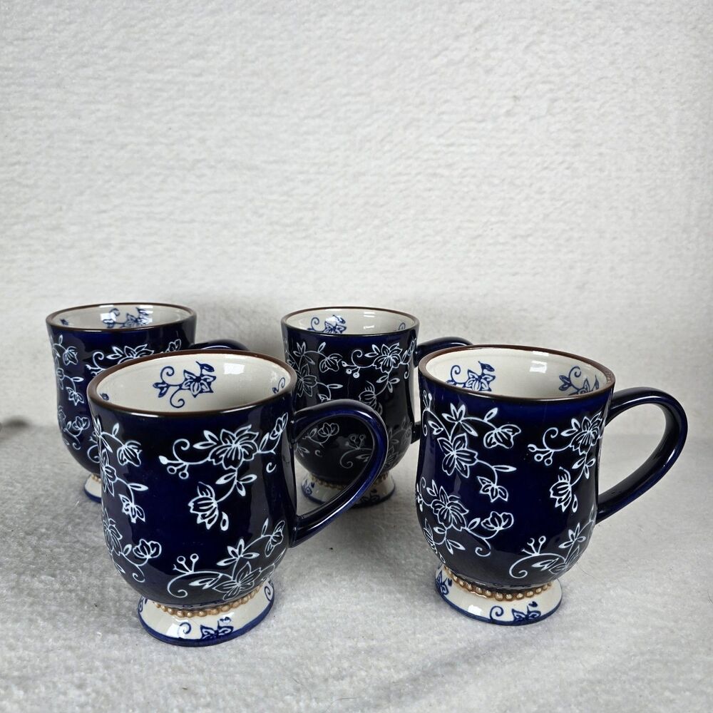 Set Of 4 Temptations Blue Floral Lace Mug 16 Ounce Cup Temptations By Tara - Picture 2 of 5